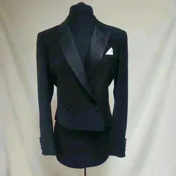 Pierre Cardin Size10 Women's Double Breasted Tuxedo Jacket 100% Wool Satin Lapel - Picture 1 of 11